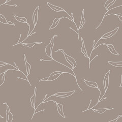 Seamless Pattern, Repeat Pattern &ndash; Sleek Botanical Pattern, Dark Tan Seamless Background.