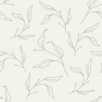Seamless Pattern, Repeat Pattern &ndash; Sleek Botanical Pattern, Light Beigie Seamless Background.