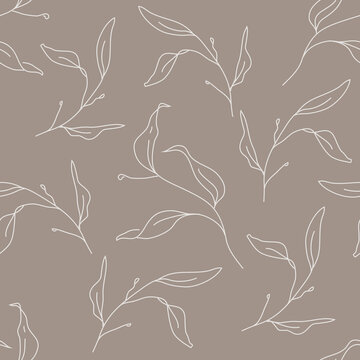 Seamless Pattern, Repeat Pattern &ndash; Sleek Botanical Pattern, Dark Tan Seamless Background.