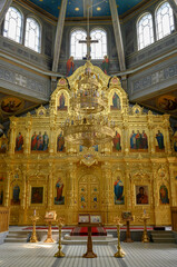 Golden altar with icons of the medieval Assumption Cathedral in the Ryazan Kremlin in Russia