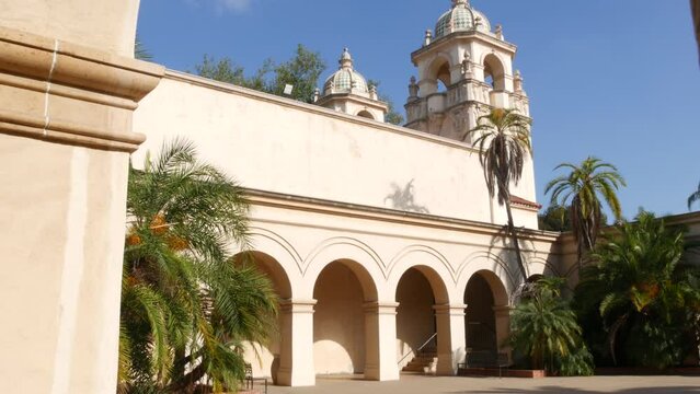 Spanish colonial revival architecture, Balboa Park, San Diego, California USA. Historic building, classic baroque or rococo romance style. Arches and columns of Casa, archway, vault, arcade or passage