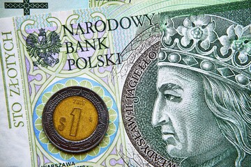 polski banknot,100 PLN, meksykańska moneta, Polish banknote, 100 PLN, Mexican coin