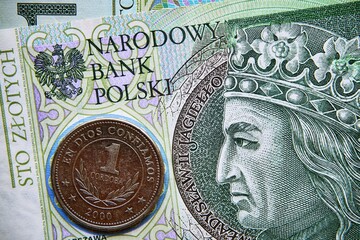 polski banknot,100 PLN, nikaraguańska moneta , Polish banknote, 100 PLN, Nicaraguan coin