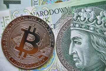 polski banknot,100 PLN, moneta bitcoin,  Polish banknote, PLN 100, bitcoin coin