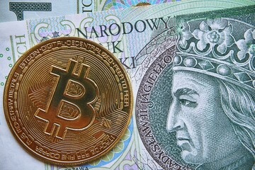 polski banknot,100 PLN, moneta bitcoin,  Polish banknote, PLN 100, bitcoin coin