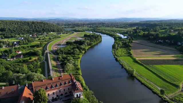 Aerial view of Benedictine Abbey on the rocky hill and Vistula River in Tyniec, near Krakow, Poland 