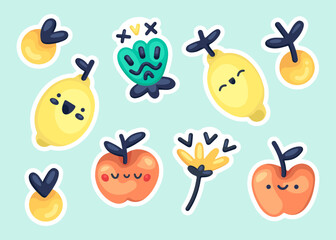 Cute vector set of cool kawaii icons. Pack of cartoon stickers with lemons, apples, berries and flowers. Trendy 3D patches, pins or badges for printing, textiles, decor, kids, cards, gifts, interior