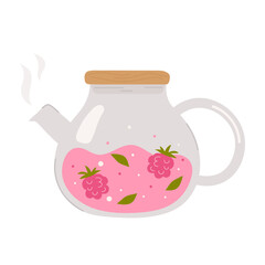 Glass teapot with raspberries on white background