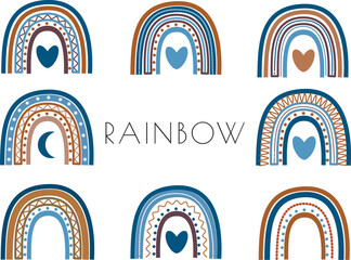 Set of Boho rainbows elements. Blue cartoon design.