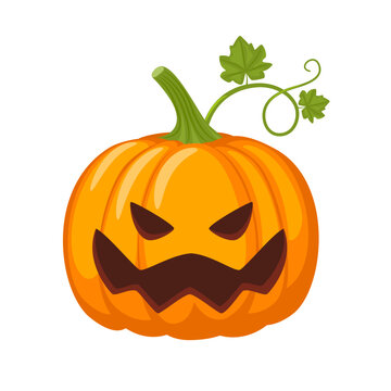 Halloween pumpkins. Halloween scary pumpkin with smile, happy face. Vector illustration isolated on white background. Holiday and autumn symbol.