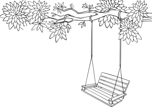 Swing on a branch vector. Drawn by hand. For the coloring book. 