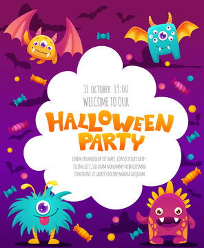 Halloween Greeting Card Template. Invitation poster for kids party with cute monsters bats, pumpkins, candies, clouds and dark background. Vector cartoon hand drawn illustration for your design