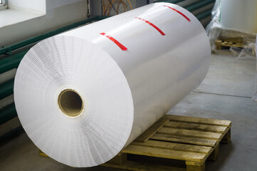 Large paper roll for typography. Flexographic white self-adhesive paper for the production of...