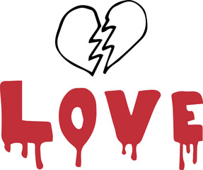 Vector illustration. Broken heart and the word love with smudges.