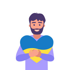 Ukrainian man holding heart of Ukraine. Yellow and blue flag. Vector illustration