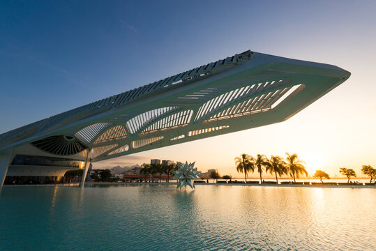 Rio de Janeiro, Brazil - July 14, 2022: The Museum of Tomorrow, a science museum in Rio de Janeiro. Designed by Spanish architect Santiago Calatrava and built next to the waterfront at Pier Maua.