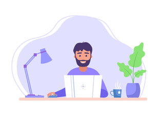 Man with laptop. Businessman working. Freelancer with laptop. Male charachter programming. Vector illustration