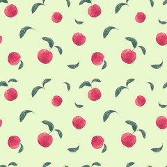 Red apples watercolor seamless pattern on green background