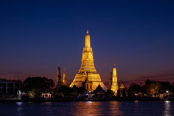 Long exposure of wat arun temple at twilight in Bangkok, Thailand