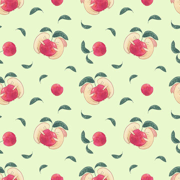 Worms on the red apple watercolor seamless pattern on green background