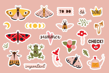Set of stickers for diaries, vector flat illustration. Cute sticker pack with summer vibe, moth, frog, cartoon image and trendy lettering. Decorations for notebook, bullet journal.