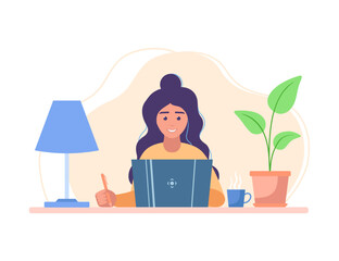Fototapeta na wymiar Woman studying with laptop. Student girl. Education at home. Vector illustration