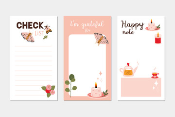 Trendy editable check list, gratefut list and place for happy note. Vector stock illustration, cartoon style. Templates for stories, bullet journal page. Modern backgrounds for notebook.