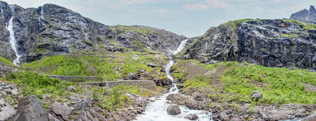 Trollstigen,  Tverelva and Landscape at Stigfossen water fall at Trollstigen near Åndalsnes in Hellesylt Møre og Romsdal in Norway (Norwegen, Norge or Noreg)