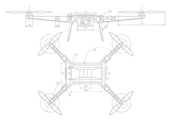 Drone technical drawing.Quadcopter.Technological innovation.Flying robot outline.Vector illustration.
