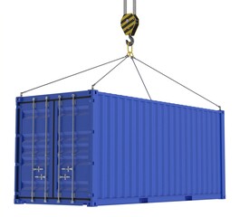 20-Foot Blue Shipping Container Hanging on a Crane Hook With Wire Ropes Over White Background. 3D Illustration
