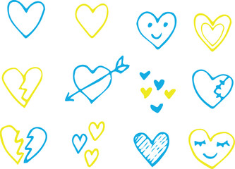 Vector illustration. Set of hearts. Freehand drawing. 