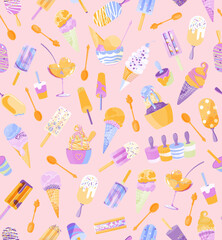 Cute ice creams colorful seamless pattern on pink background. Vector dessert illustration for web, site, advertising, banner, poster, board and print