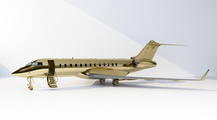 private jet with open airstairs in gold color