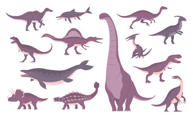 Set of ancient dinosaurs. Sauropod, tyrannosaurus rex, therizinosaurus, mosasaurus, triceratops. Extinct dino lizard of the Jurassic period. Paleontology animals. Vector isolated illustration
