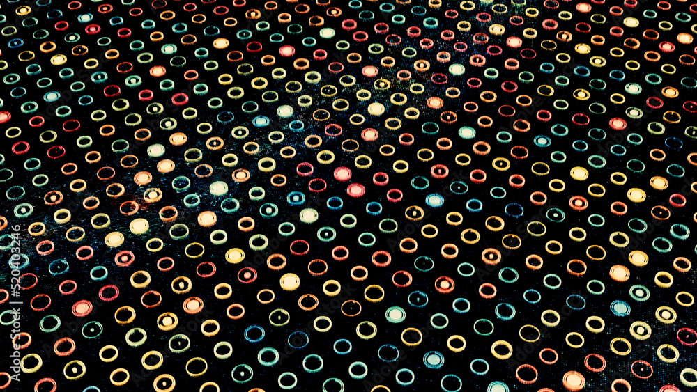 Poster moving surface with many small round shaped silhouettes and colorful blinking circles inside them, s