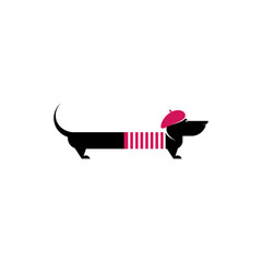 Dachshund artist dog with pink beret and sweater icon. Cute funny pet symbol. Creative animal logo. French romantic style