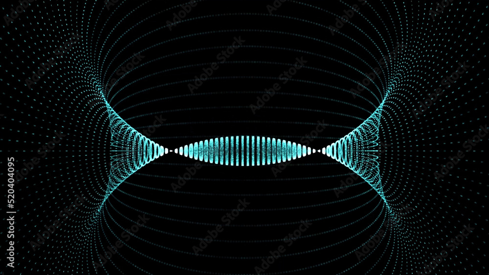 Poster moving tunnel of neon dots. animation. digital abstract glowing tunnel on black background. graphic 