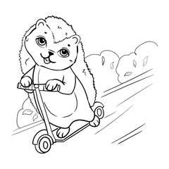 Hedgehog on a scooter. Summer entertainment. Coloring book for children. Vector illustration isolated on white background.