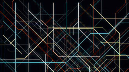Electronic metro map. Animation. Neon lines move along specified route and create schematic animation on black background - obrazy, fototapety, plakaty
