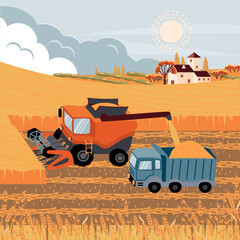 Obraz na płótnie Canvas Landscape with a combine harvesting wheat and unloading grain into a truck. Field, ears of cereals, a farm on the horizon, trees, a sky with clouds and the sun.Vector flat cartoon illustration.