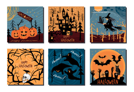 Happy Halloween!Artistic  background set.Pumpkins with faces, scary castle,witch on broomstick,  skull, ghosts, big moon and bats.Colorful banners for trick or treat event.Vector flat  illustration.