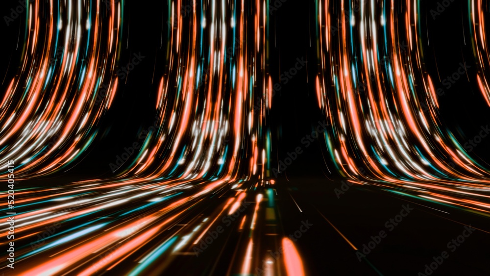 Poster curved paths with neon lines in stream. animation. high-speed neon tracks in cyberspace. bright neon