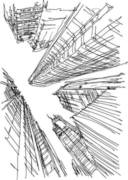 hand drawn architectural sketch of a modern abstract city architecture and skyscrapers and tall building
