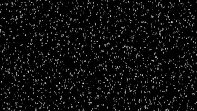 Black abstract background with flying small numbers changing their values from 0 to 9. Animation. Seamless abstract background.