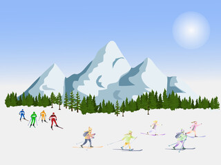 Group of people skiing on snowy slopes with pine forest and mountains in the background.