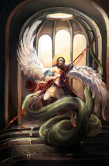 battle of good and evil, of archangel and big snake