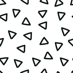 Doodle seamless pattern black triangles on white background, abstract chaotic hand drawn, minimalistic wrapping paper
