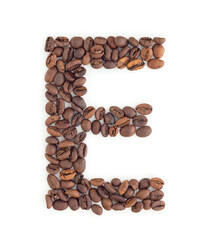 Capital letter E made from coffee beans. Coffee font. Alphabet made from coffee beans. White background. Roasted coffee beans.