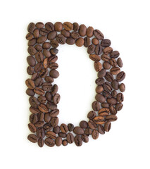 Capital letter D made from coffee beans. Coffee font. Alphabet made from coffee beans. White background. Roasted coffee beans.