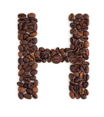 Capital letter H made from coffee beans. Coffee font. Alphabet made from coffee beans. White background. Roasted coffee beans.
